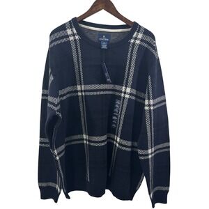 Stafford Men XXL Navy Plaid Sweater Round Neck Long Sleeves Wool Blend New Tags